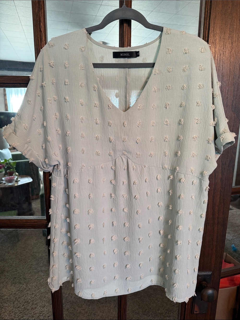 MIROL Sage Green Textured Swiss Dot V-Neck Short‎ Sleeve Blouse XL Cottagecore